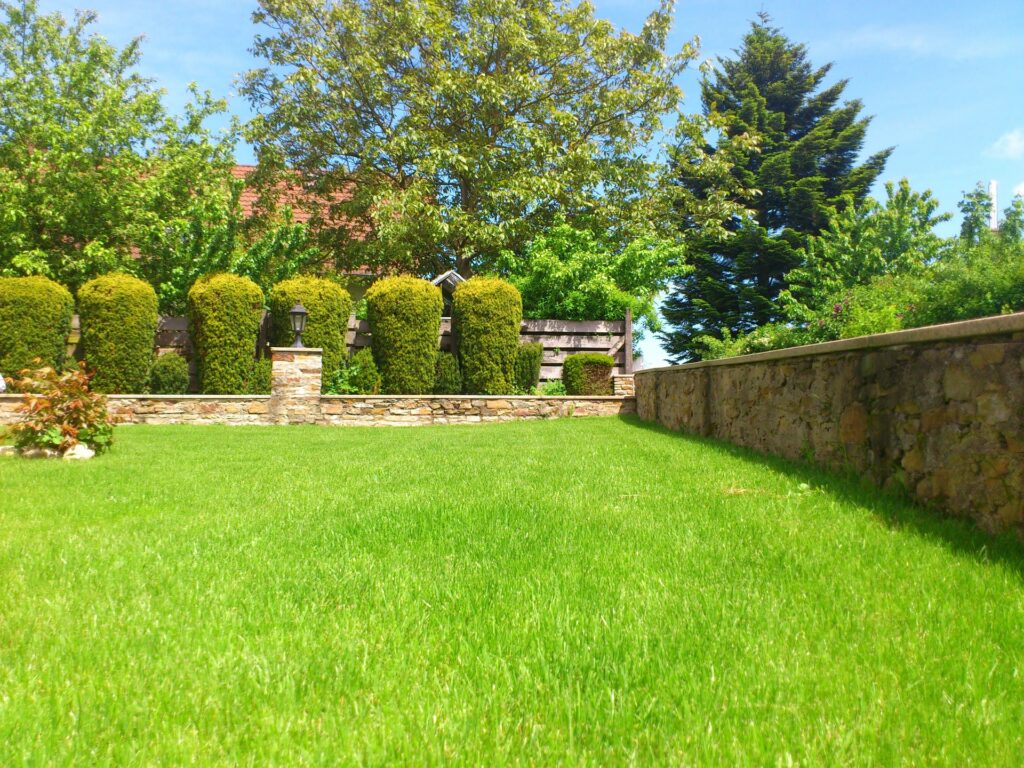 Gardener grass cutting lawn mowing hedge trimming