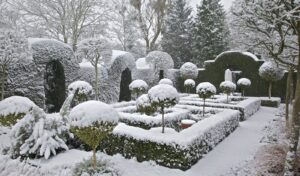 Winter formal garden Snow in winter on garden